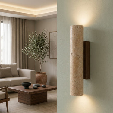 Travertine Cylinder Wall Light | Natural Stone Up-Down Sconce – detail view