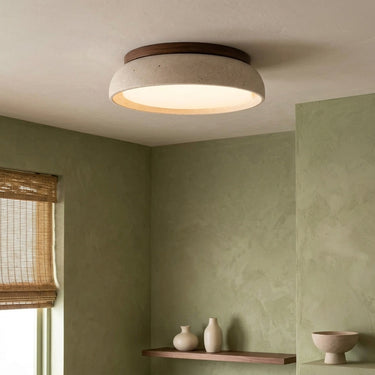 Travertine Stone Flush Mount Ceiling Light | Low-Profile Wood Accent LED – detail view