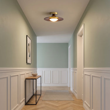 Walnut-Look Disc Flush Mount Ceiling Light | Compact LED Fixture – switched on in a room