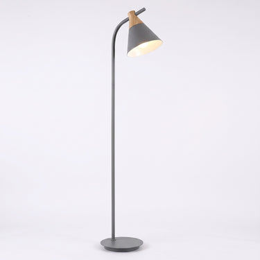 Wood-Accent Metal Cone Floor Lamp | Curved Nordic Standing Light – Gray