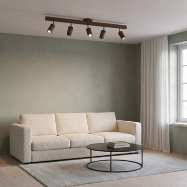Wood Shade Spotlight Ceiling Light | One to Five Heads, Ceiling or Wall – switched on in a room