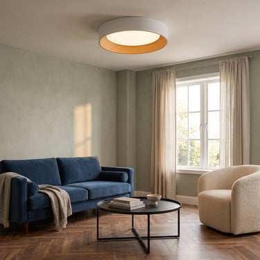 Wood-Tone Round Flush Mount Light | Slim LED Ceiling Fixture – switched on in a room