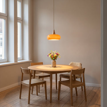 Wood-Trimmed Glass Pendant Light | Low-Profile Kitchen and Dining Light – switched on in a room