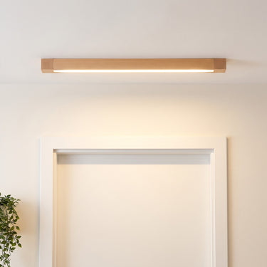 Wooden Bar Flush Mount Ceiling Light | Linear LED for Hallways – switched on in a room